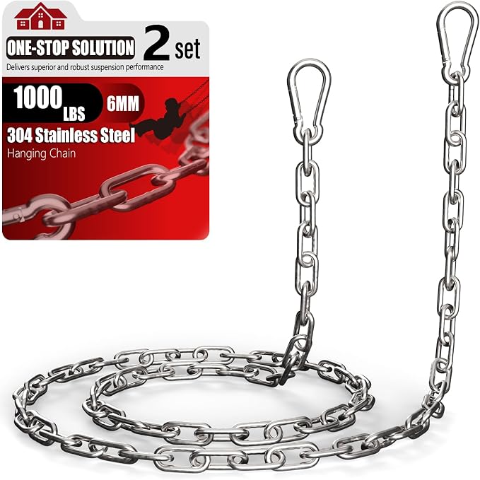 sprookber 1000LB Heavy Duty Hanging Swing Chain, 6mm Thick 304 Stainless Steel Hanging Chain with 4 Carabiners, 67" Hardware Kit for Hammock, Hanging Chair, Punching Bags, Tree, Indoor & Outdoor