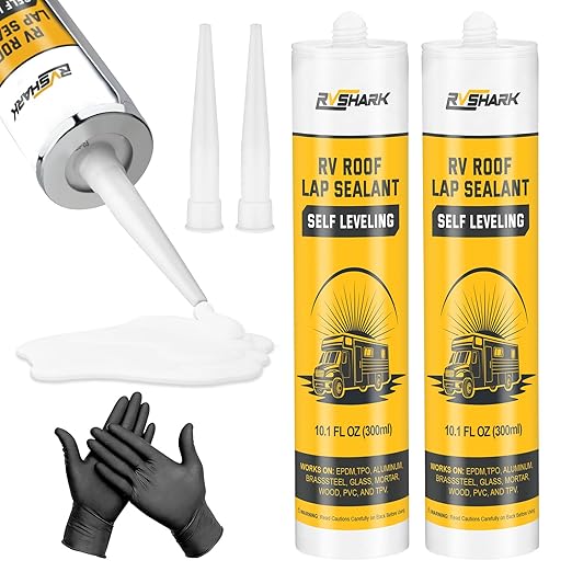 RV Roof Sealant 2 Pack, 30 Seconds Self Leveling Lap Sealant – White, Fast Curing Waterproof Flexible Caulk RV Sealant with Gloves for Camper Trailer Roofs Maintenance Repair