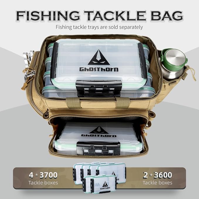 Ghosthorn Fishing Tackle Bag with Rod Holder Saltwater & Freshwater Resistant Large Tackle Box Bag - Waterproof Base, Adjustable Padded Shoulder Strap (Khaki)