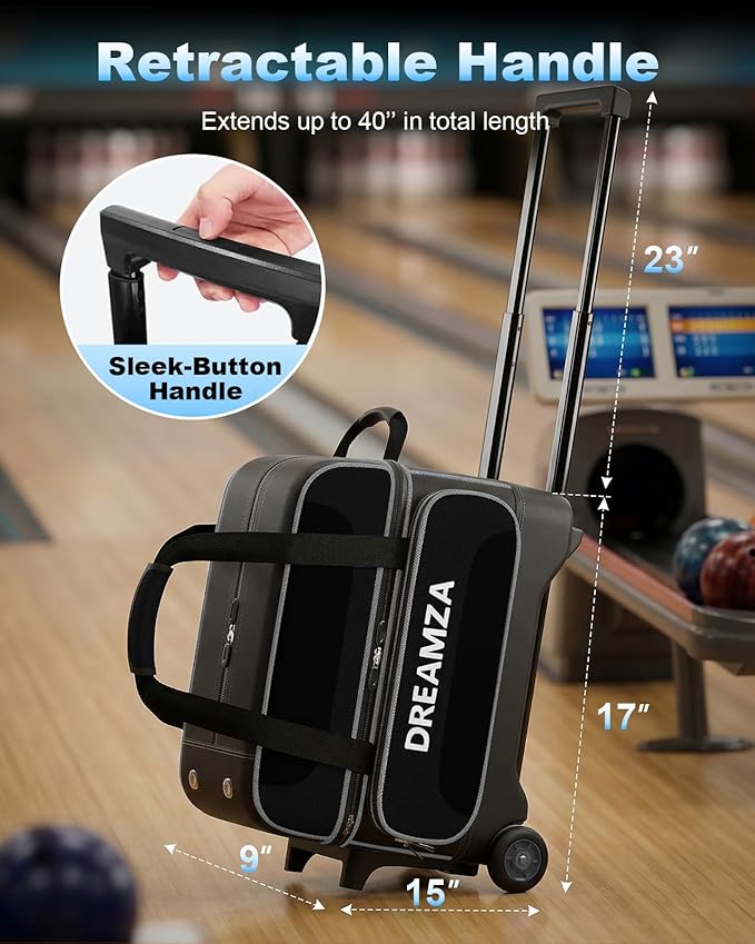 2 Ball Bowling Bag with Wheels, Double Bowling Ball Bag 2 Ball Roller w/Separate Compartment for Shoes Up to US Mens Size 16, w/Retractable Handle Extends to 40" & Accessories Pocket