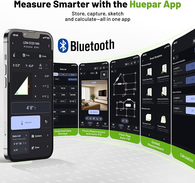 Huepar 395FT Bluetooth Green Laser Measuring Tool S120-G-BT | 1/16in Accuracy, APP Control, Angle Sensor, Carry Bag, Laser Distance Measurement Tool, Digital Laser Room Measuring Device