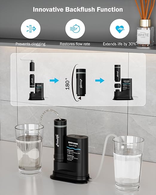 Frizzlife Electric Water Filter Camping, 0.01μm Ultrafiltration 7-Stage Portable Water Filter, Rechargeable Water Purifier for Camping, Survival, Backpacking,Hiking, 6pcs Pre-Filters+2pcs UF Filters