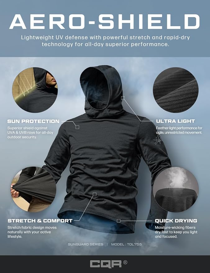 CQR Men's UPF 50+ Sun Protection Long Sleeve Quick Dry Athletic Shirts, Stretch Running Workout Hiking T-Shirts