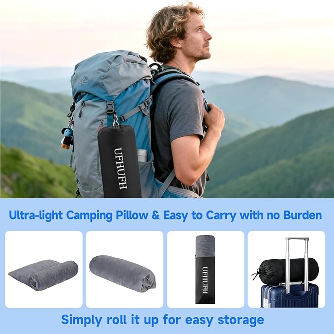 Camping Pillow,Compressible Small Shredded Memory Foam Pillow,Travel Pillow for Airplane,Backpacking and Hiking Grey Medium 2 pcs