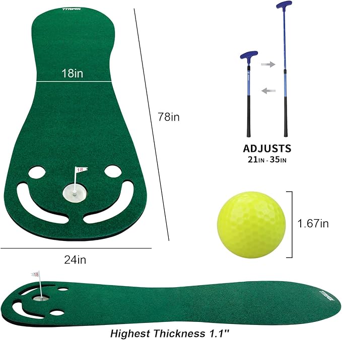 KOFULL Putting Green Mats Set - Indoor/Outdoor Golf Putting Practice or Golf Game with 78" x 24" Putting Mat, Adjustable Putter, 3 Balls, Training Aid Cup & Flags