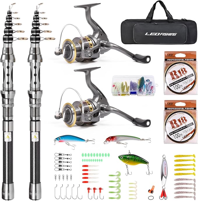 2Pcs Telespoic Fishing Rod and Reel Combos with Spinning Reel and Necessary Lure Accessories Portable Carrier Bag for Saltwater Freshwater