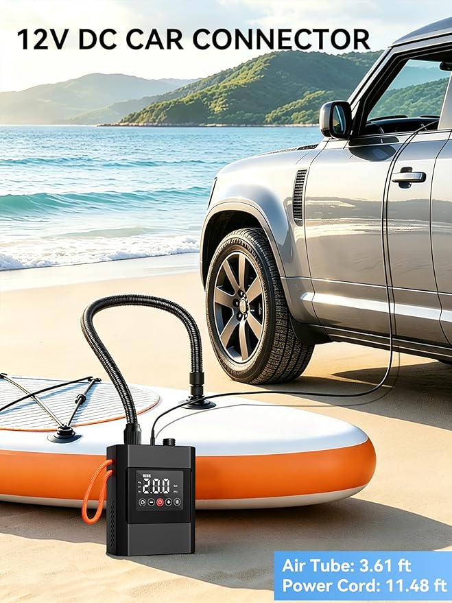 20PSI High Pressure Electric Paddle Board Pump, Rechargeable Battery-Powered, Electric SUP Air Pump with 12V DC Car Connector, Intelligent Dual Stage for Inflatable Paddle Board, Kayak, Boats