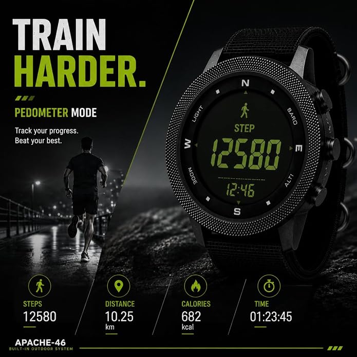 NORTH EDGE Apache Men’s Digital Tactical Watch, Outdoor Sports Watch with Compass, Altimeter, Barometer, Pedometer, Weather Trend, EL Backlight, 50M Water Resistant Hiking Watch