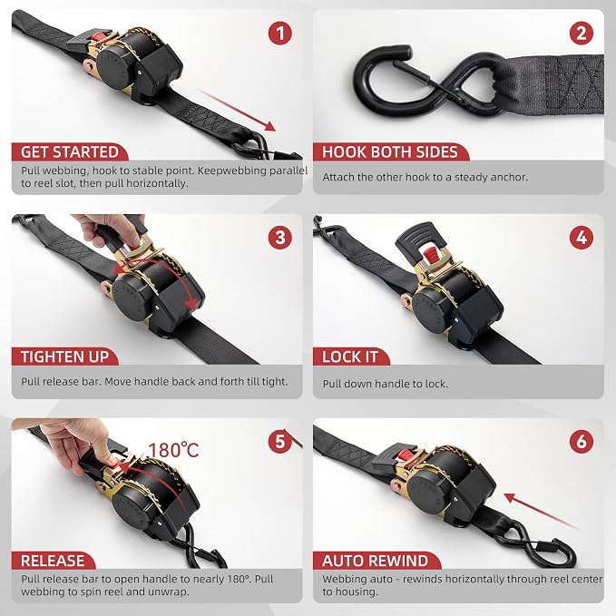 Auto Retractable Ratchet Tie-Down Straps 4500 lbs, 2in × 10ft Ratchet Straps, Heavy Duty S-Hooks, for Cargo, Trucks, Trailers, Blcak, 2 Pack, Damped Rewind