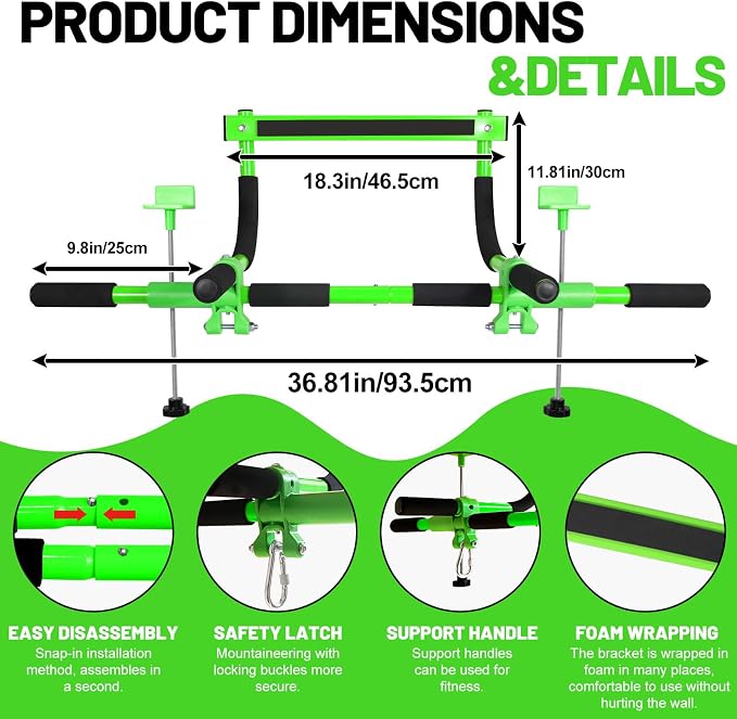 Doorway swing mount for Kids & Door Pull Up Bar for Adults, Indoor Kid Swing with 4 Accessories, Multi-Function Doorway Gym, Fits Door Frame 24.41-30.51'' W x 3.94-6.69'' Thickness (Green)