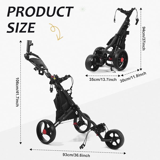 3 Wheel 360 Rotating Front Wheel Golf Push Cart Lightweight and Foldable Walking Golf Cart Umbrella Holder Included (3 Wheel)