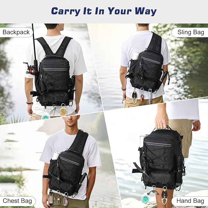 MoKo Fishing Backpack Sling Bag with Rod & Gear Holder, Nylon Waterproof Fishing Tackle Storage Bag for Fishing