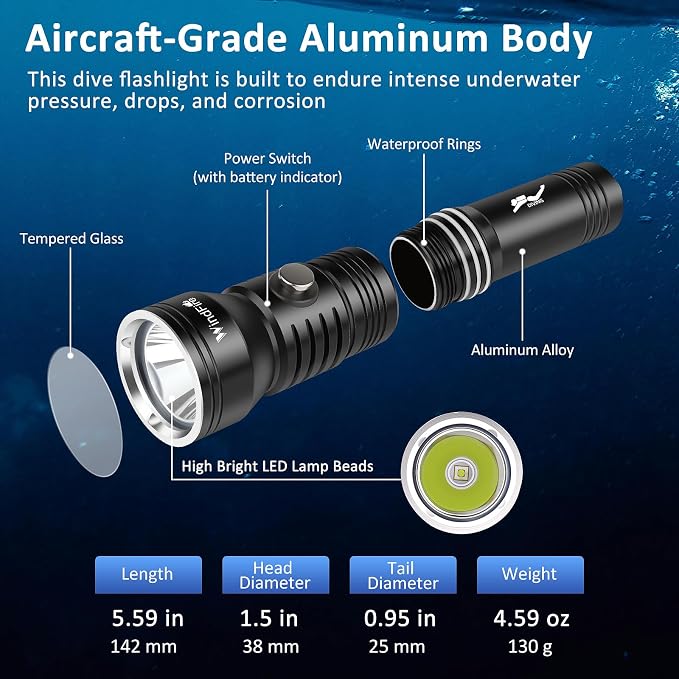 WINDFIRE Dive Light Scuba Diving Flashlight, IPX8 Waterproof 210 Feet Underwater Flashlight with Power Indicator & 4 Modes, Aluminum Submersible Torch for Deep Sea Diving and Snorkeling