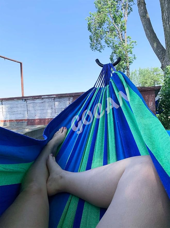 GOCAN Brazilian Double Hammock 2 Person Extra Large 220x160cm Total Length 330cm Load 500lb Canvas Cotton Hammock for Patio Porch Garden Backyard Lounging Outdoor and Indoor(Blue/Green) XXL