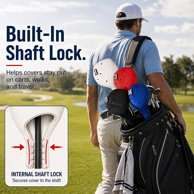 Snap-On Golf Club Covers for Right-Handed Golf Clubs, Easy On Off in 1 Second, Fits 460cc Drivers, Washable EVA Plastic with Shaft Lock, DIY Pins for Customization