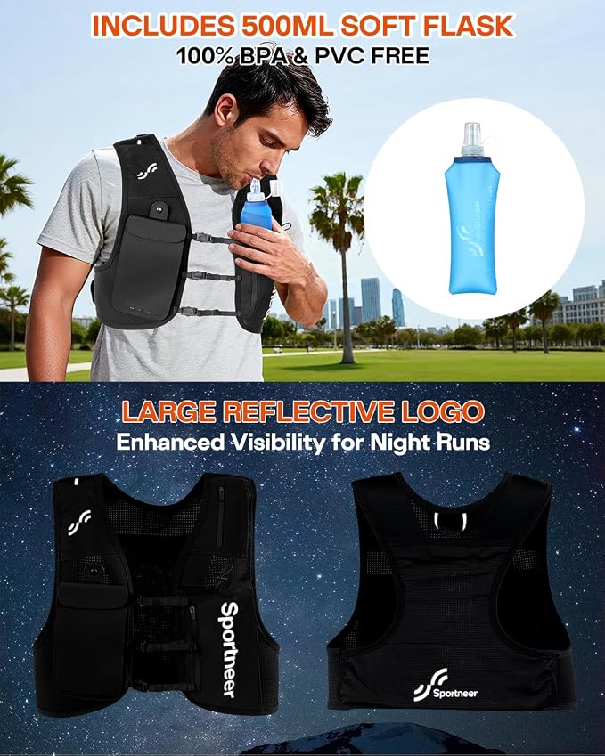 Sportneer Running Vest: Hydration Vest with 500ML Soft Flask, Lightweight Breathable Zero-Bounce Running Backpack for Men Women, Fits 7.2” Phone, Reflective, Ideal for Marathon Trail Training