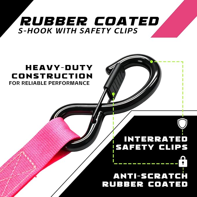 Retractable Ratchet Straps (2-Pack) - Heavy Duty Auto Slow Retraction Tie Down Straps - 1 Inch x 13 Feet (1,800lb Break Strength) for Truck, Cargo Trailer, Motorcycle, ATV, UTV - Pink