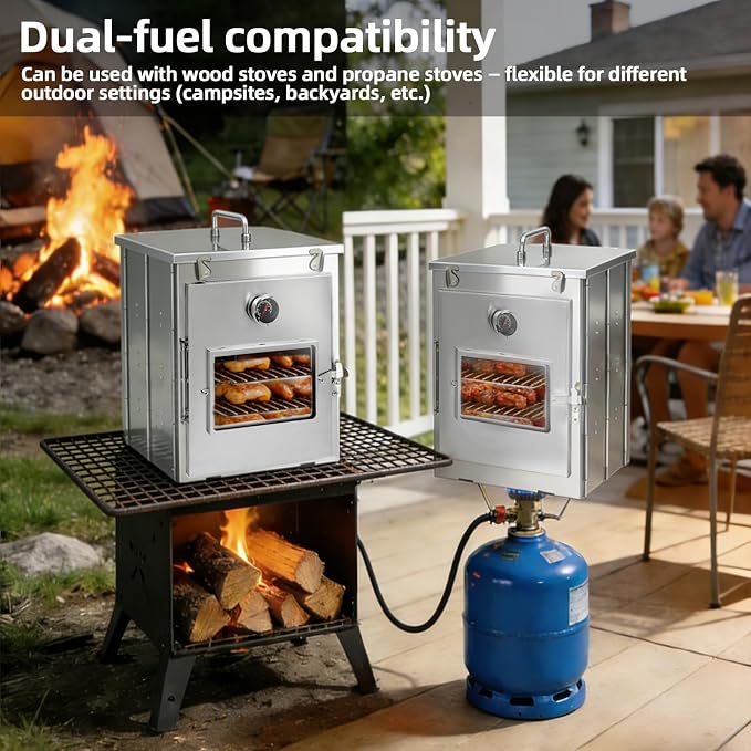 16-Inch H Folding Camping Oven - 3-Tier Grates, Portable Stainless Steel Grill for Baking Bread, Muffins & BBQ, Compatible with Wood-Burning & Propane Stoves