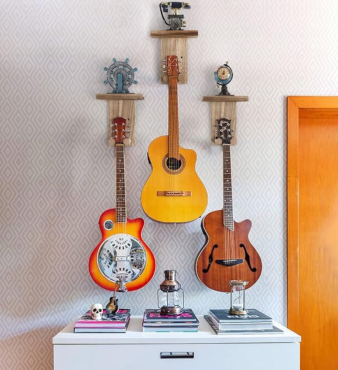 Keebofly 2 Pack Guitar Hanger Wall Shelf with Pick Holder Wood Rack for Acoustic, Electric, Ukulele, Bass, Mandolin - Brown (Patented)