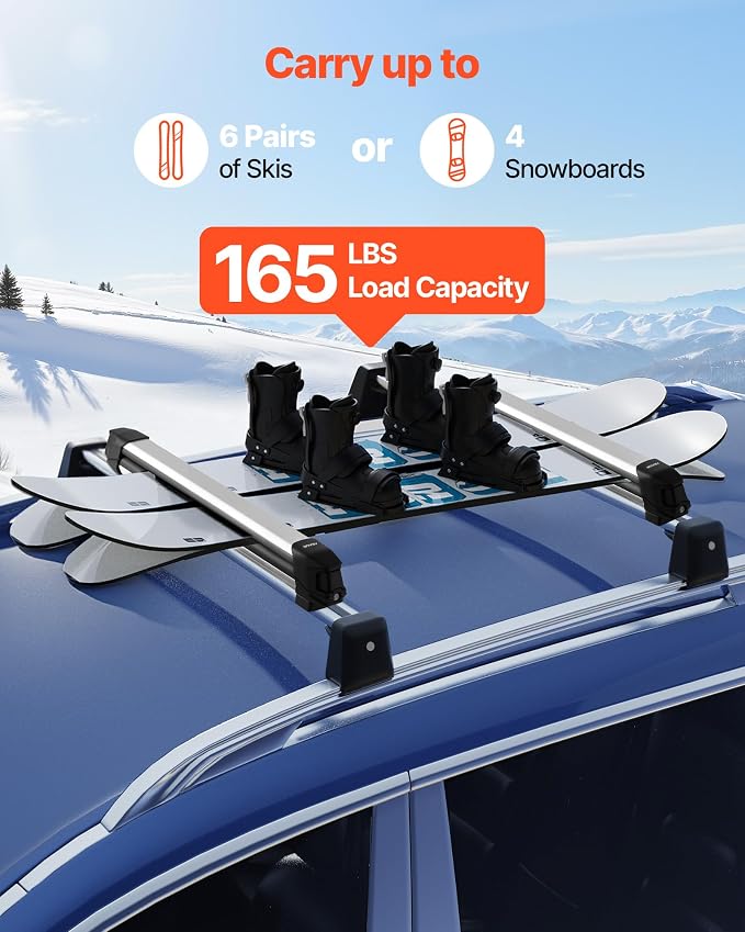 VEVOR Ski & Snowboard Roof Rack, Carry up to 4 Pairs of Skis or 2 Snowboards, 2 PCS Aluminum Universal Car Roof Rack Top Holder with Lock & Rubber Padding, Carrier for Fishing Rod, Fit Most Crossbars