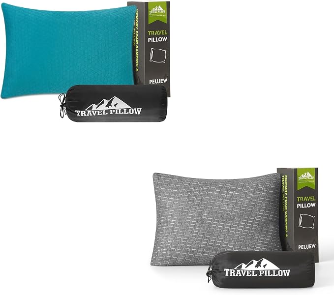 Travel Pillow Compressible Camping Memory Foam Pillow - Dark Grey S Size, Turquoise Blue S Size, Ideal Backpacking, Airplane and Car