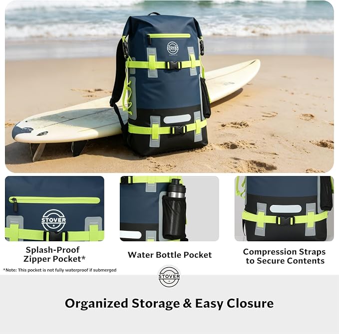STOVER 30L Waterproof Dry Backpack & Phone Case - X-Large Floating Dry Bag for Kayaking, Travel, Hiking, Fishing, Camping, Motorcycles & Beach, Heavy-Duty Roll Top Men/Women (Navy Blue/Black/Green)