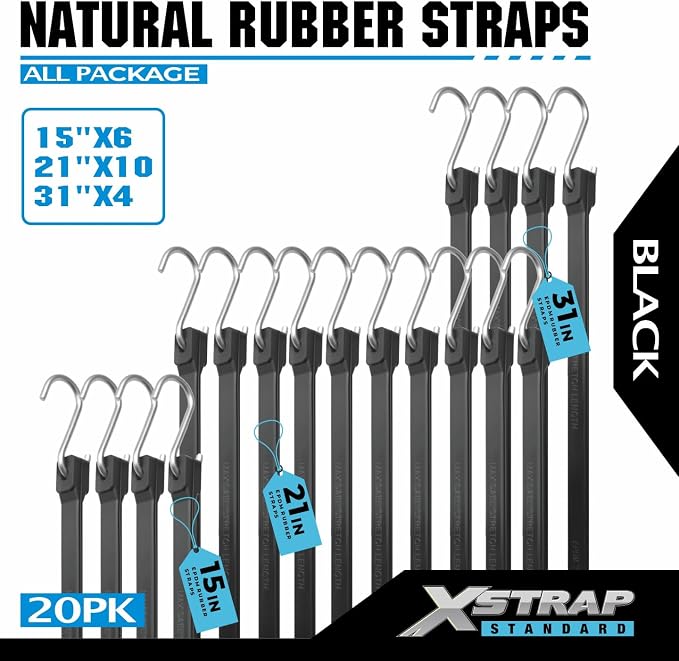 XSTRAP STANDARD 20 Pack Multiple Size Natural Rubber Tarp Bungee Straps 100% EPDM Tie Down Cords with S Hooks Heavy Duty Ideal for Securing Tarps