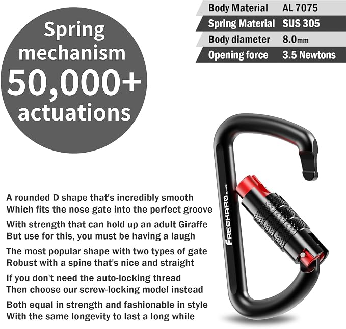 FresKaro 3pcs 25kN Climbing Carabiners with 2pcs 12kN Twist Lock Carabiners, Black Color