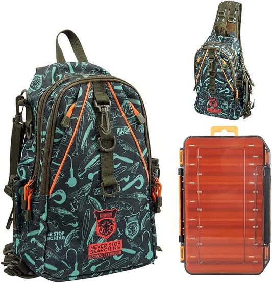 KINGDOM Fishing Tackle Storage Bag With Fishing lure Box, Water-Resistant Fishing Backpack with Rod Holder, Fishing Gear Bag