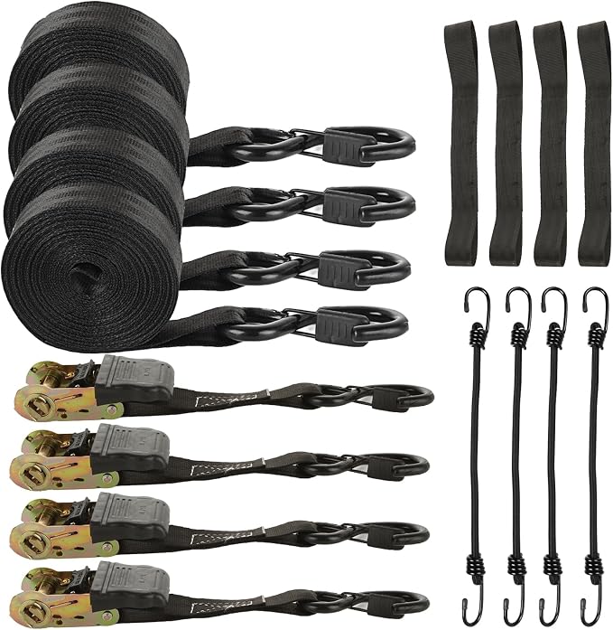 4pc 1in Ratchet Straps - Heavy Duty 20ft Tie Downs with Hooks, Black Ratcheting Straps for Motorcycle & Trucks - 2645 LBS Strength