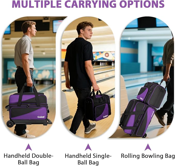 Goloni 3 Ball Bowling Bag with Wheels, 2+1 Double Roller Bowling Bag with Shoe Compartment,Tote Bag for Bowling Accessories