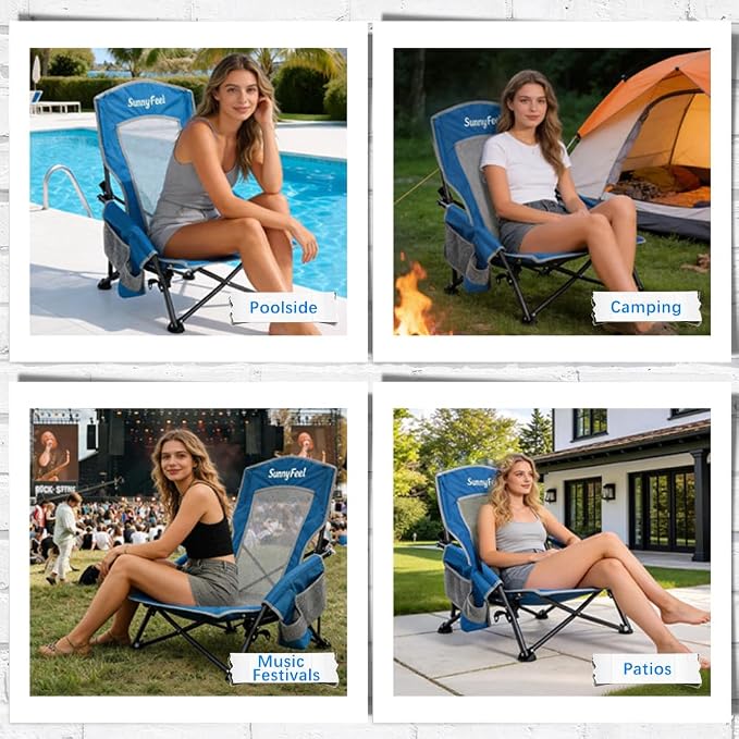 SUNNYFEEL Folding Low Beach Chair 2 Pack - Lightweight Portable Lawn Chair with Mesh Back & Cup Holder, Sand Chair Load up to 300lbs for Outdoor/Travel/Picnic/Concert