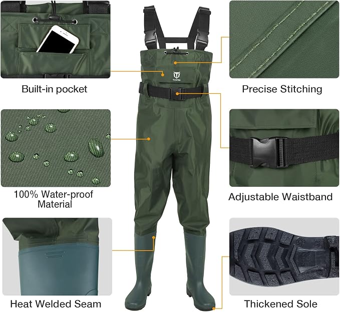 TIDEWE Chest Waders for Men Women, Waterproof Fishing Waders | Waterproof 420D 2-Ply Nylon/PVC, Lightweight Bootfoot Hunting Waders, Adjustable Suspenders, Boot Hanger