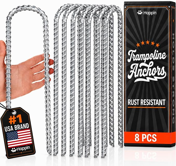 Happin® 12 Inch Trampoline Anchors, Trampoline Stakes, Ground Stakes Heavy Duty, Ground Anchors Screw in, Trampolines Accessories, Tent Anchors, Yard Spikes, Galvanized Steel (8 Pack, Silver)