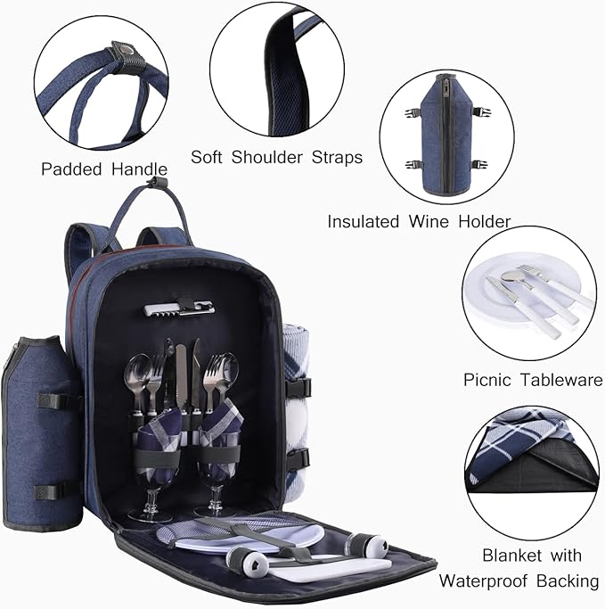 ALLCAMP OUTDOOR GEAR Picnic Backpack for 2 Person Set W/Detachable Bottle/Wine Holder, Fleece Blanket, Plates and Cutlery Set (Blue)