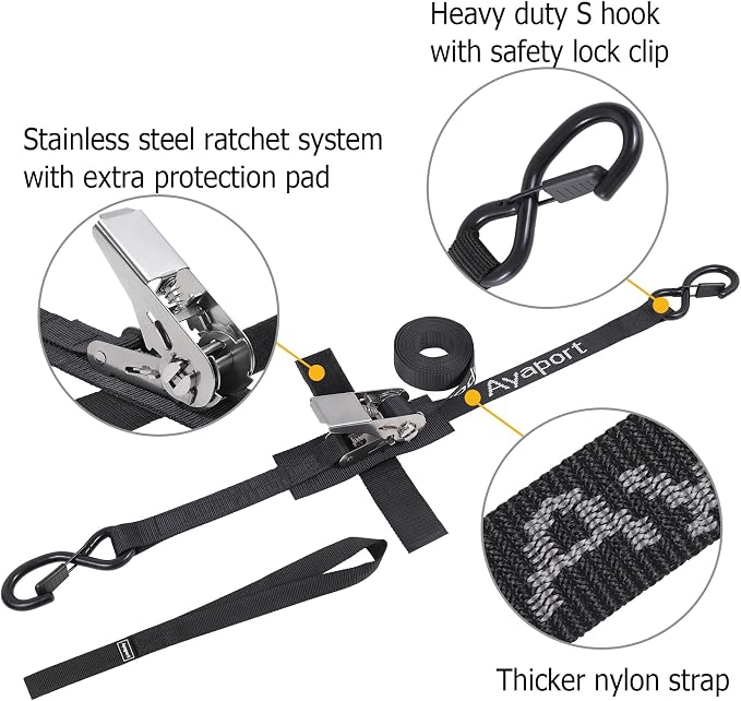 Ayaport Stainless Steel Ratchet Tie Down Straps with Hooks 10ft Heavy Duty Ratcheting Tie Downs for Motorcycle, Roof Rack, Dirt Bike, Truck (Black, 1" x10'-2pcs)
