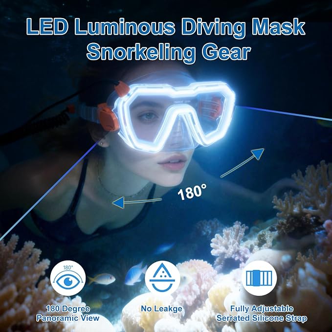 Diving mask Panoramic Wide View Anti-Fog Scuba Diving LED Mask Rechargeable Snorkeling Gear