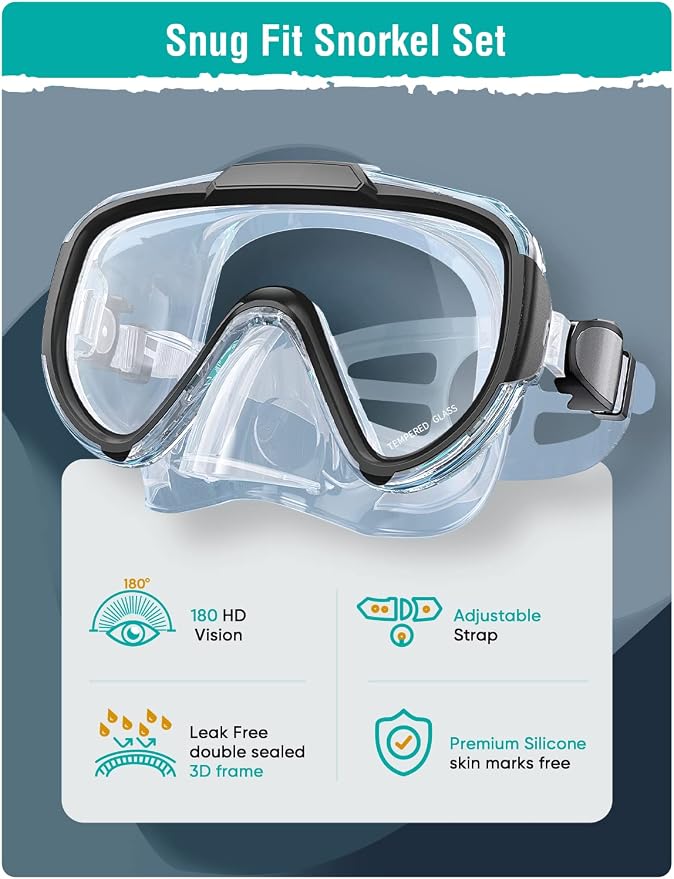 Seovediary Snorkel Set Adults Snorkeling Gear Anti-Fog Panoramic View Swim Mask Dry Top Snorkel Kit with Carry Bag for Snorkeling Scuba Diving Swimming Travel