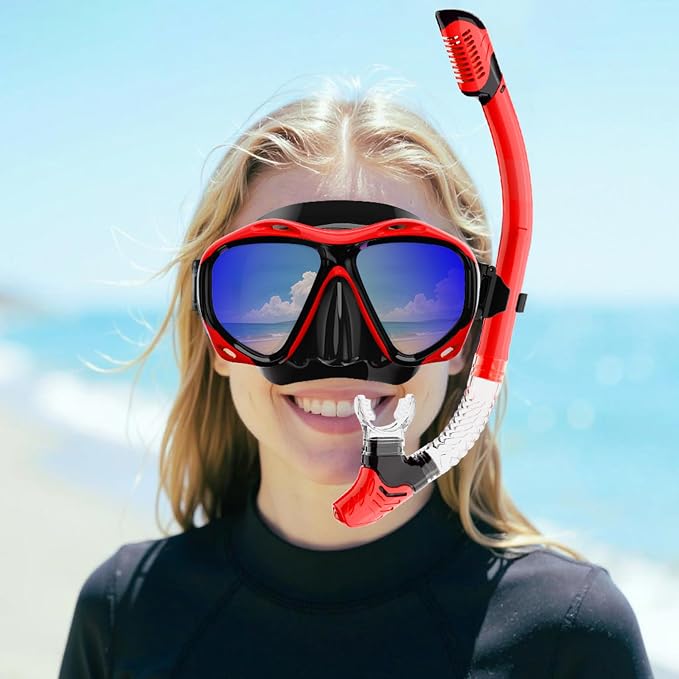 Snorkeling Gear for Adults, Snorkel Mask With Mirrored Tempered Glass Lens 180° Wide View Anti-Fog Scuba Diving Mask, Professional Snorkel Set for Swimming Diving, Gifts for Women Mom Men Dad