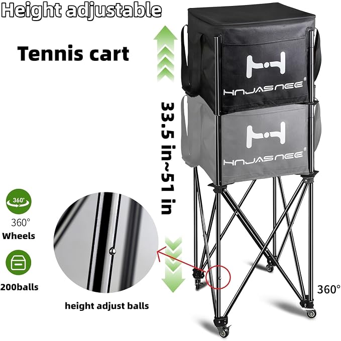 Foldable Adjustable Tennis Ball Hopper, Large Capacity Basket Holds 200 Balls, Upgraded Pickleball Caddy with Multifunction Pockets and Wheels for Training and Teaching