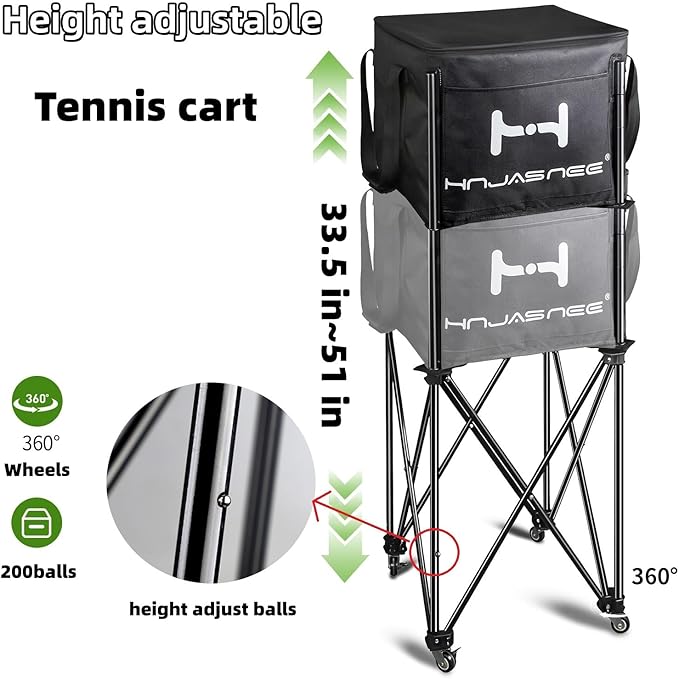 Foldable Adjustable Tennis Ball Hopper, Large Capacity Basket Holds 200 Balls, Upgraded Pickleball Caddy with Multifunction Pockets and Wheels for Training and Teaching