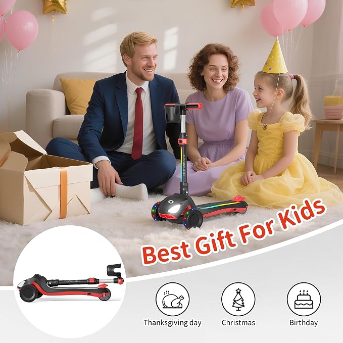 Electric Scooter for Kids with 3 LED Lighted Wheels, Adjustable Height & Lean-to-Steer, Anti-Slip Deck with Lights, Easy-Fold Mechanism, Balance Scooter for Kids,Toddlers
