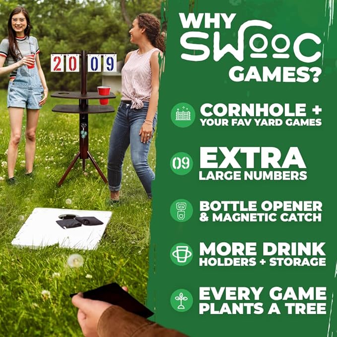 Swooc Games® – Cornhole Score Keeper & Other Yard Games – Weather Resistant – Cornhole Scoreboard with Drink Holder & Bottle Opener & Magnetic Cap Catch – Cornhole Accessories – Corn Hole Score Boards