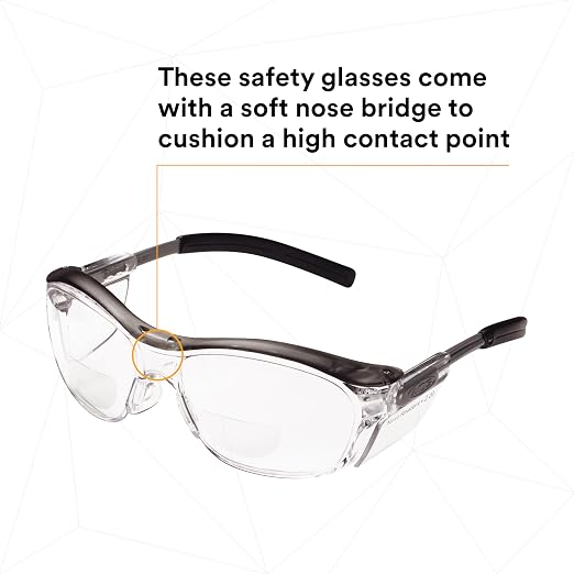 3M Safety Glasses with Readers, Nuvo Readers, +2.0 Diopter, Pack of 1, ANSI Z87, Clear Lens, Gray Frame, Soft Nose Bridge, Side Shields