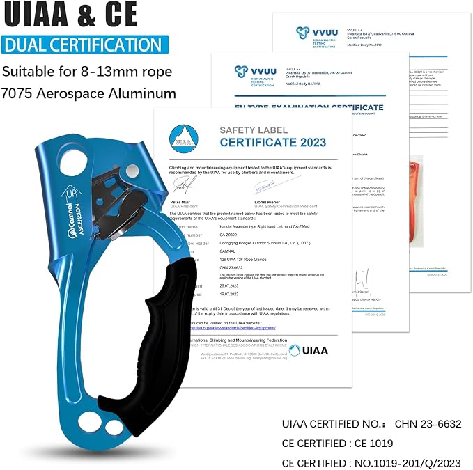 UIAA & CE Certified Hand Ascender for 8–13mm Rope, Rope Clamp for Rock Climbing, Tree Climbing, Arborist, Rappelling Gear – Left/Right Hand