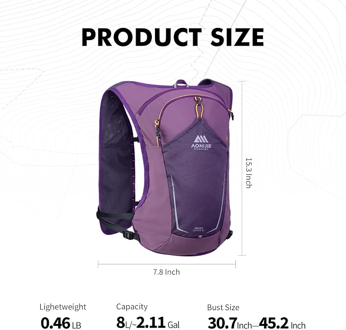 AONIJIE Running Hydration Vest for Men & Women, 8L Hydration Backpack, Multiple Pocket Designs for Water Bottles/Bladders, Lightweight Breathable for Hiking, Climbing, Marathon & Cycling
