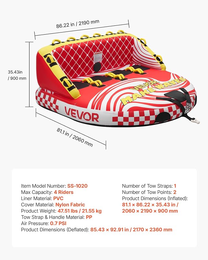 VEVOR Towable Tubes for Boating, 4-Rider Inflatable Towable Tube for Boat to Pull, 680 lbs Capacity Water Sports Boating Tubes - with Full Nylon Cover, Dual Tow Points, Safety Valve & Padded Handles