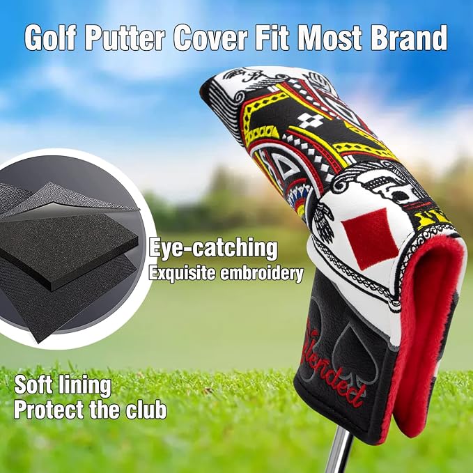Golf Club Covers Poker Diamond King Driver Cover Fariway Wood Headcover 3 Hybrid Head Covers Blade Putter Cover Mallet Putter Haedcovers with Magnetic Closure for Most Brand