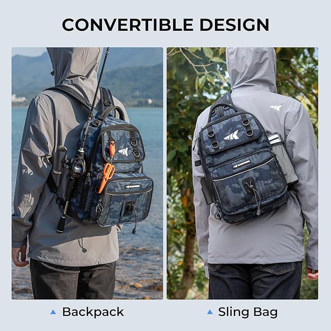 KastKing BaitSpace Fishing Sling Bag, Fishing Backpack with Rod & Beverage Holder, Tackle Bag for Fishing Gear