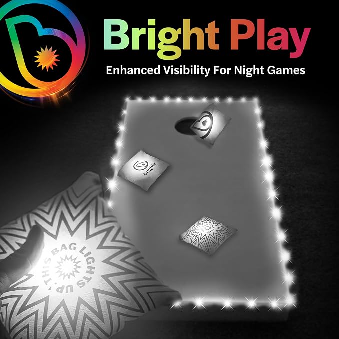 Brightz Cornhole Board Edge Lights with LED Bags - Includes 4-Pack of LED Cornhole Bags + TossBrightz Cornhole Board Edge Lights - The Ultimate Night Time Cornhole Master Set
